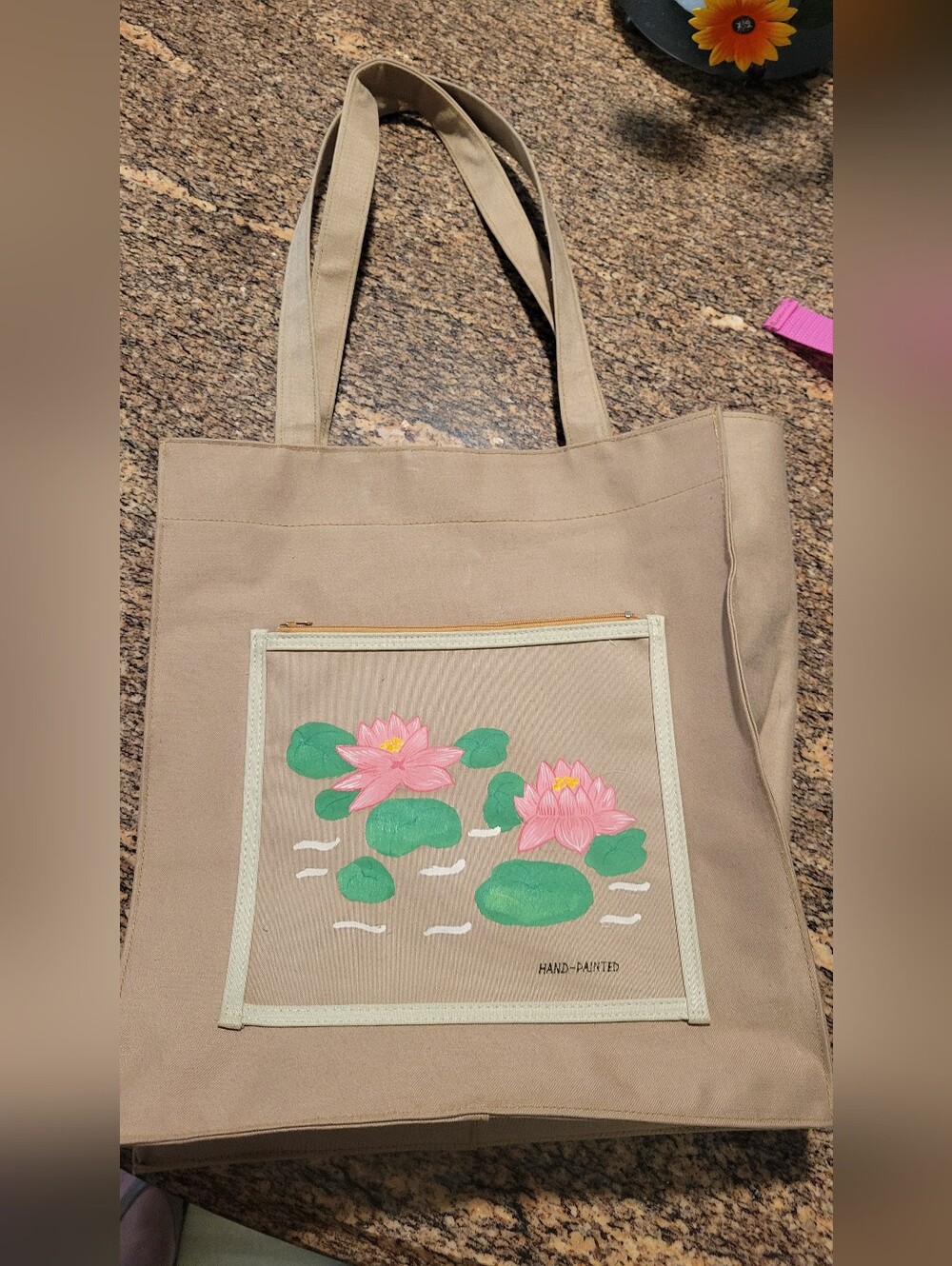 Hand-Painted Pink Lily Canvas Tote Bag